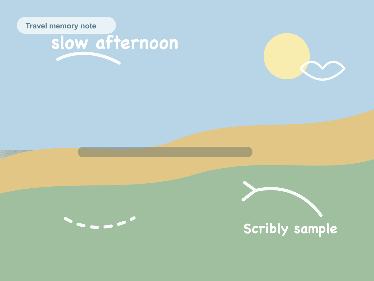 Scribly sample result with handwritten travel notes and arrows over a quiet travel scene