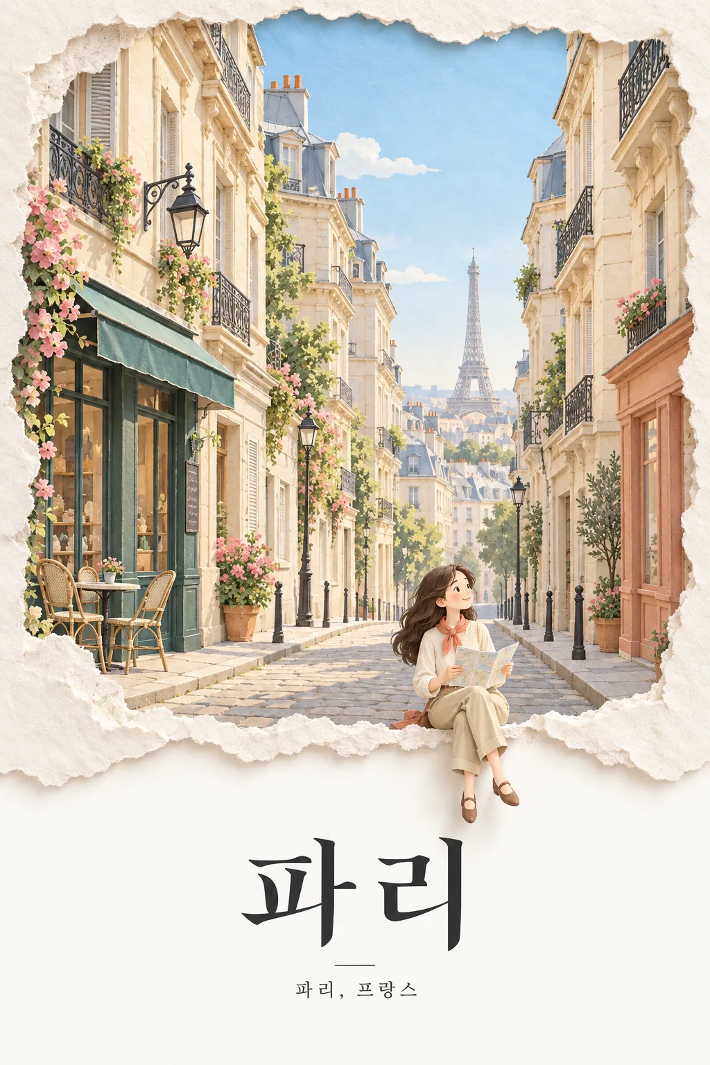 파리 거리를 종이 디오라마로 표현한 여행 포스터