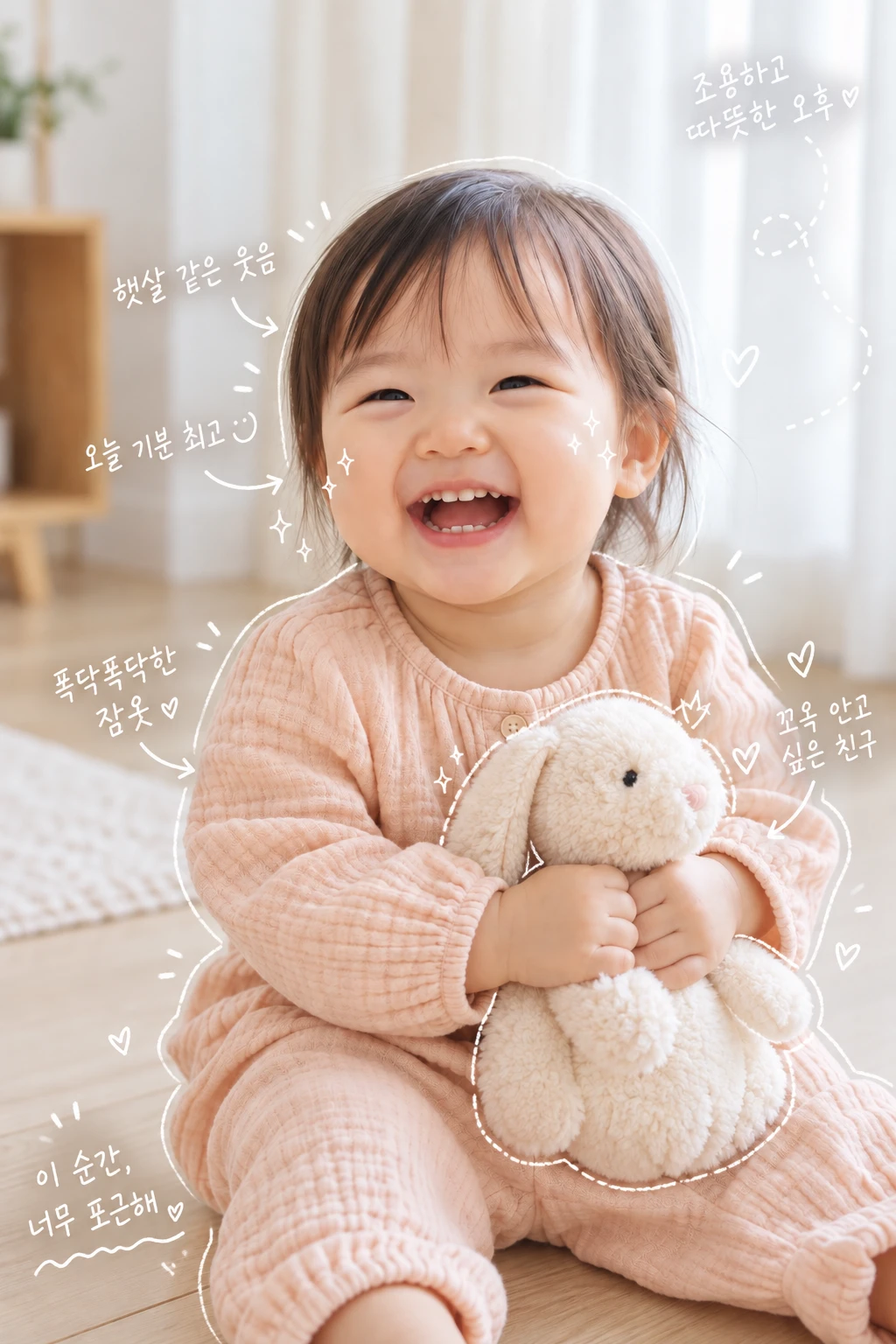 인형을 꼭 안고 웃는 아이 — 손글씨 메모가 더해진 완성본
