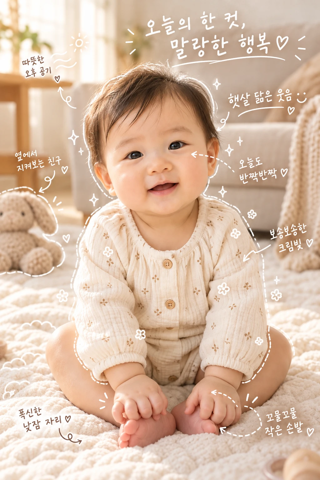 아침 햇살 속 아기의 미소 — 손글씨 메모가 더해진 완성본