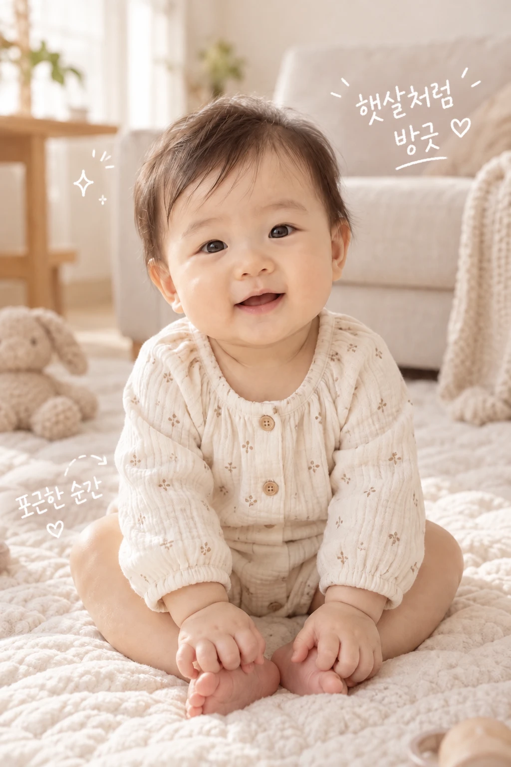 아침 햇살 속 아기의 미소 — 손글씨 메모가 더해진 완성본