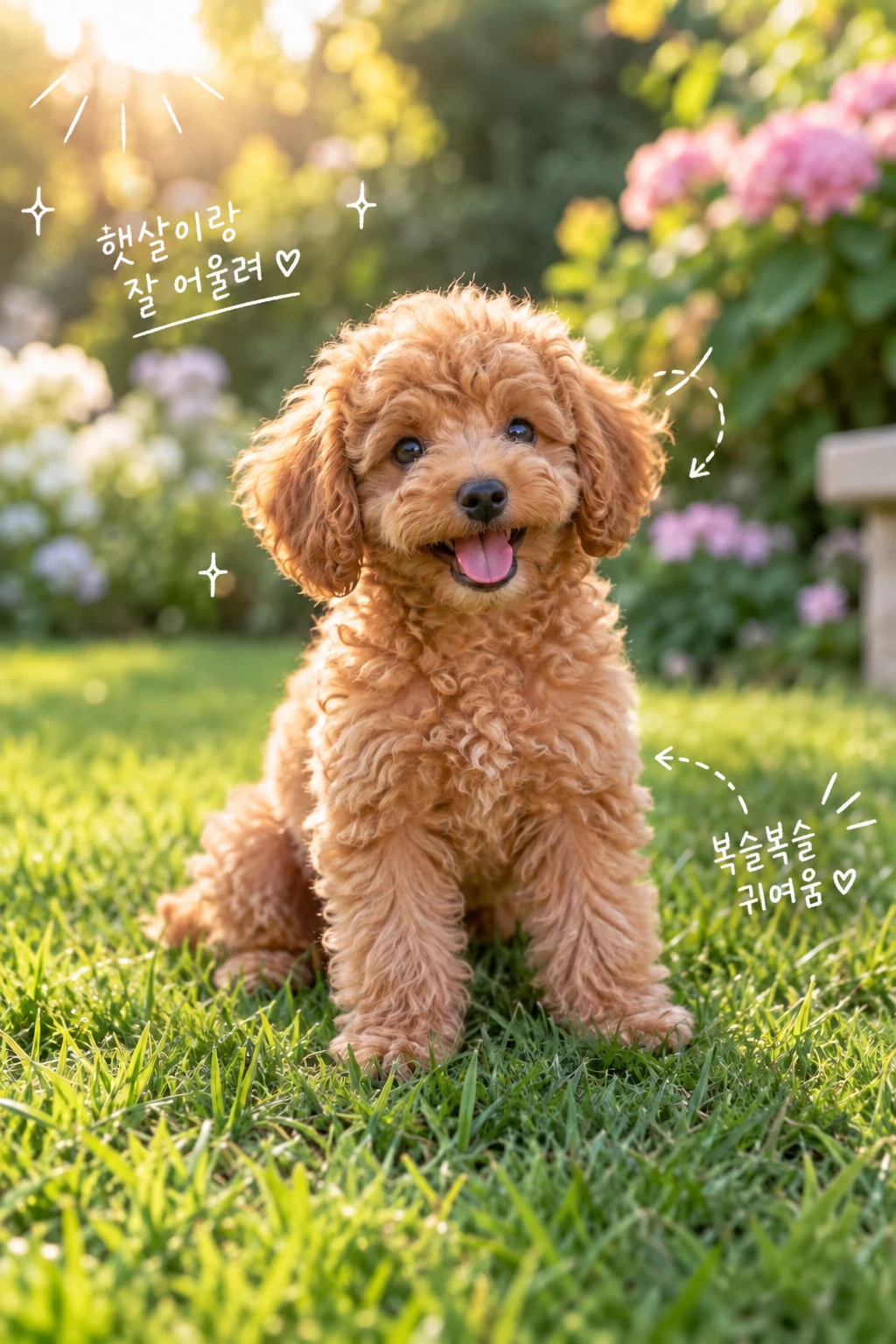 정원에서 신이 난 강아지 — 손글씨 메모가 더해진 완성본